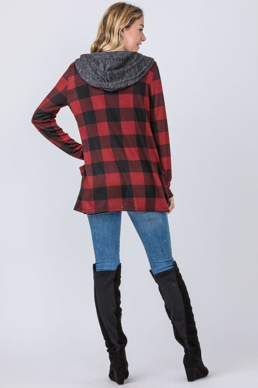 Stylish checker print cardigan with hood
