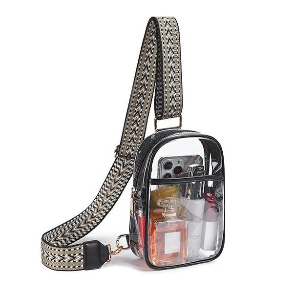 Compact black sling bag made with transparent material for venue security checks.
