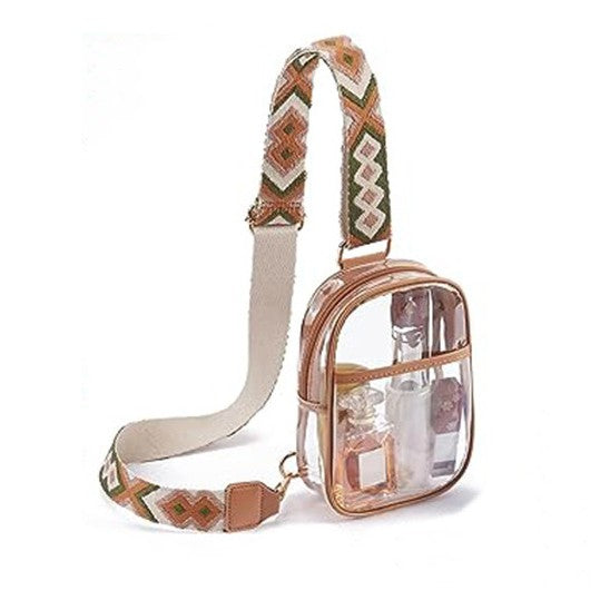 Brown transparent stadium-approved sling bag for secure and fashionable wear.
