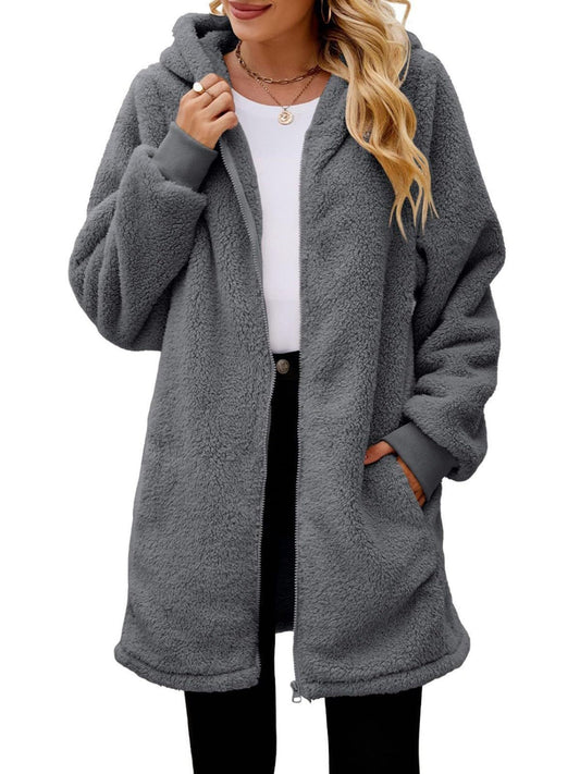 Warm and cozy gray hooded jacket with pockets
