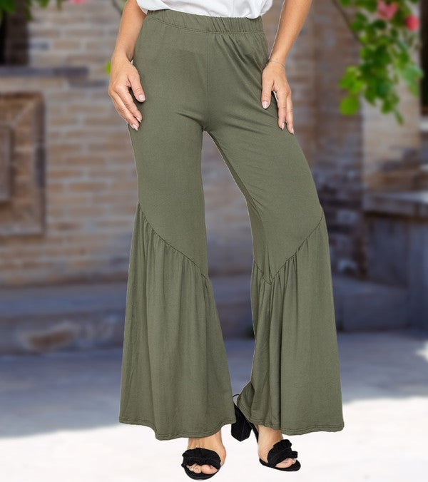 Flattering high-waisted ruffle hem pants in green
