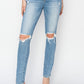 RISEN high-rise skinny jeans with trendy distressed detailing on the knees
