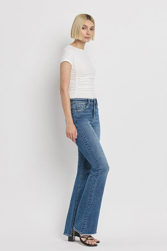 Flattering high-rise slant hem flare jeans in comfortable stretch fabric.
