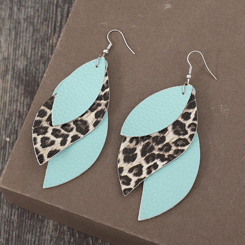 Stylish PU leather earrings in leopard and tiffany blue
