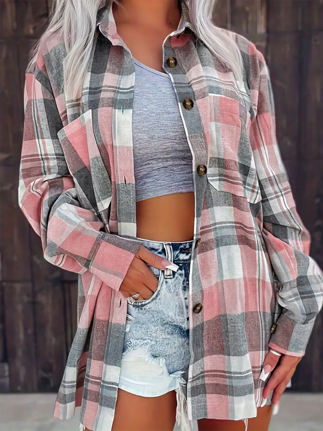 Trendy pink plaid shacket for women, perfect for layering.
