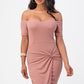 Classic pink bodycon dress with a twist front design and stretch fabric for comfort.
