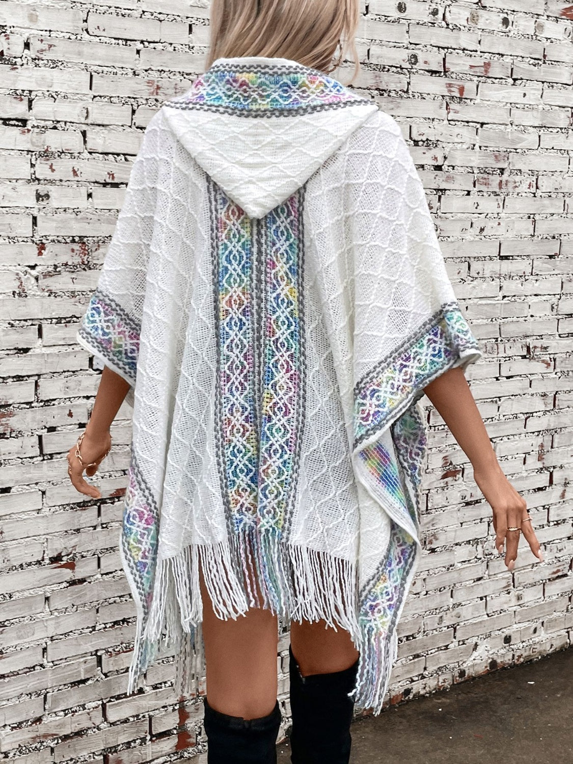 White poncho with hood, perfect for layering in fall