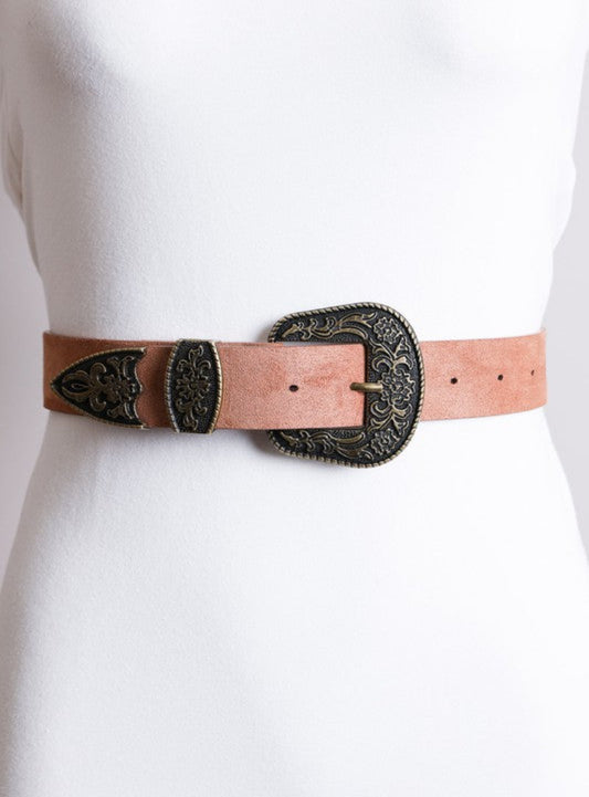 Camel suede belt with antique gold western buckle, perfect for casual outfits.
