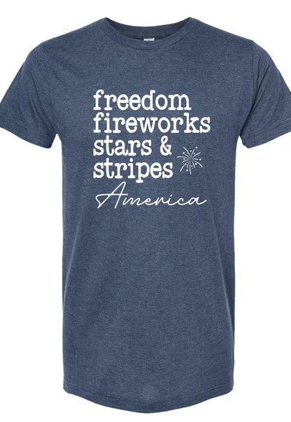 Summer patriotic "Freedom, Fireworks, Stars & Stripes" shirt