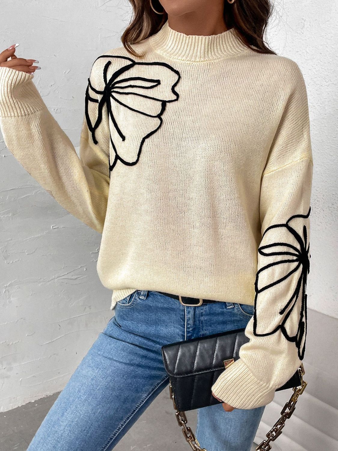 Mock Neck Dropped Shoulder Long Sleeve Sweater