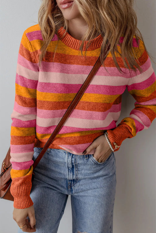 Striped Knit Round Neck Long Sleeve Sweater