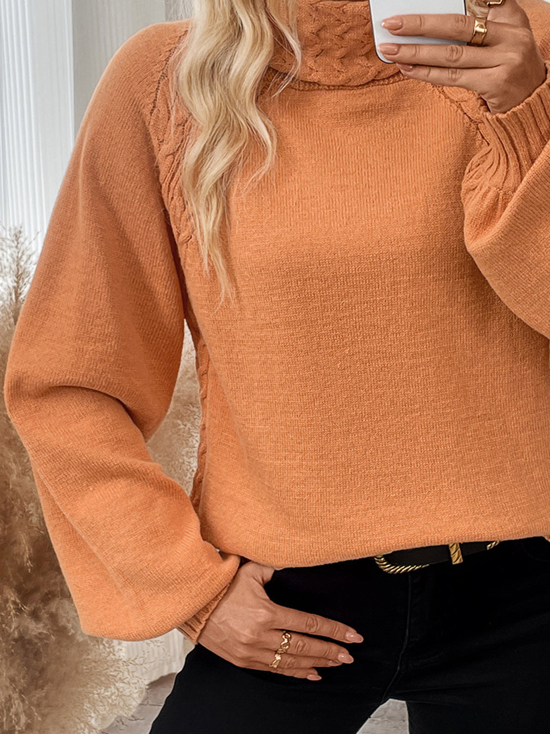 Bell Sleeve Cable Knit Turtleneck Sweater