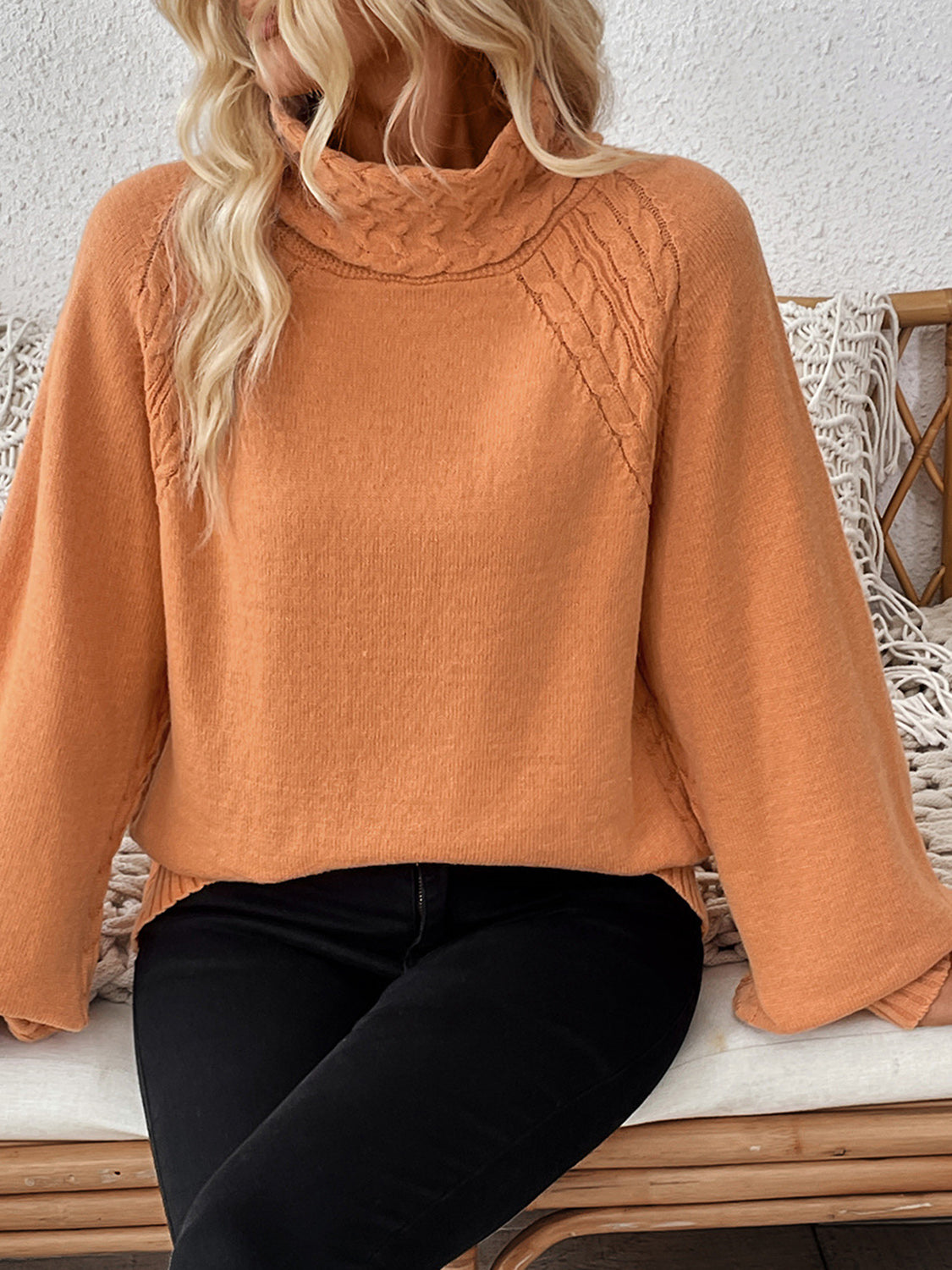 Bell Sleeve Cable Knit Turtleneck Sweater