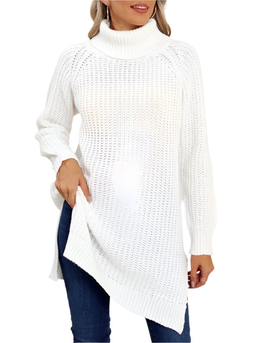 Warm white turtleneck sweater with chic side slits for casual wear.
