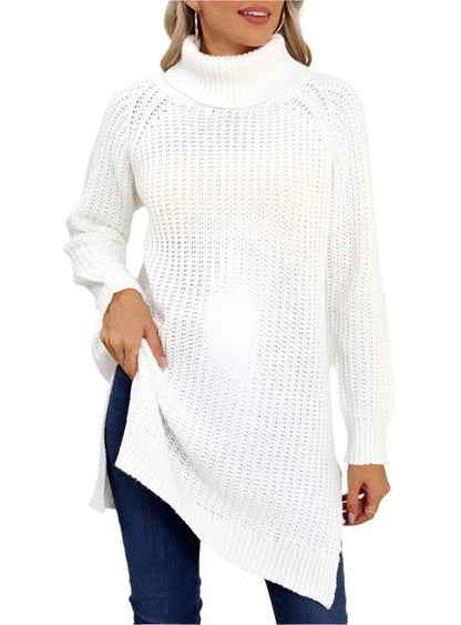 Warm white turtleneck sweater with chic side slits for casual wear.
