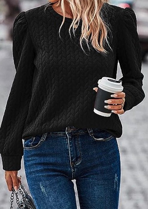 Quilted Texture Puff Sleeve Crewneck Sweatshirt