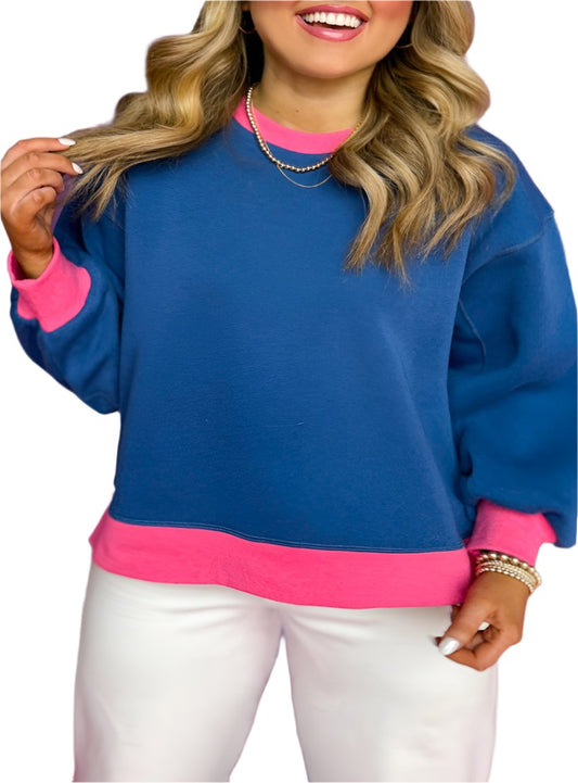 Plus Size Color Block Balloon Sleeve Pullover Sweatshirt