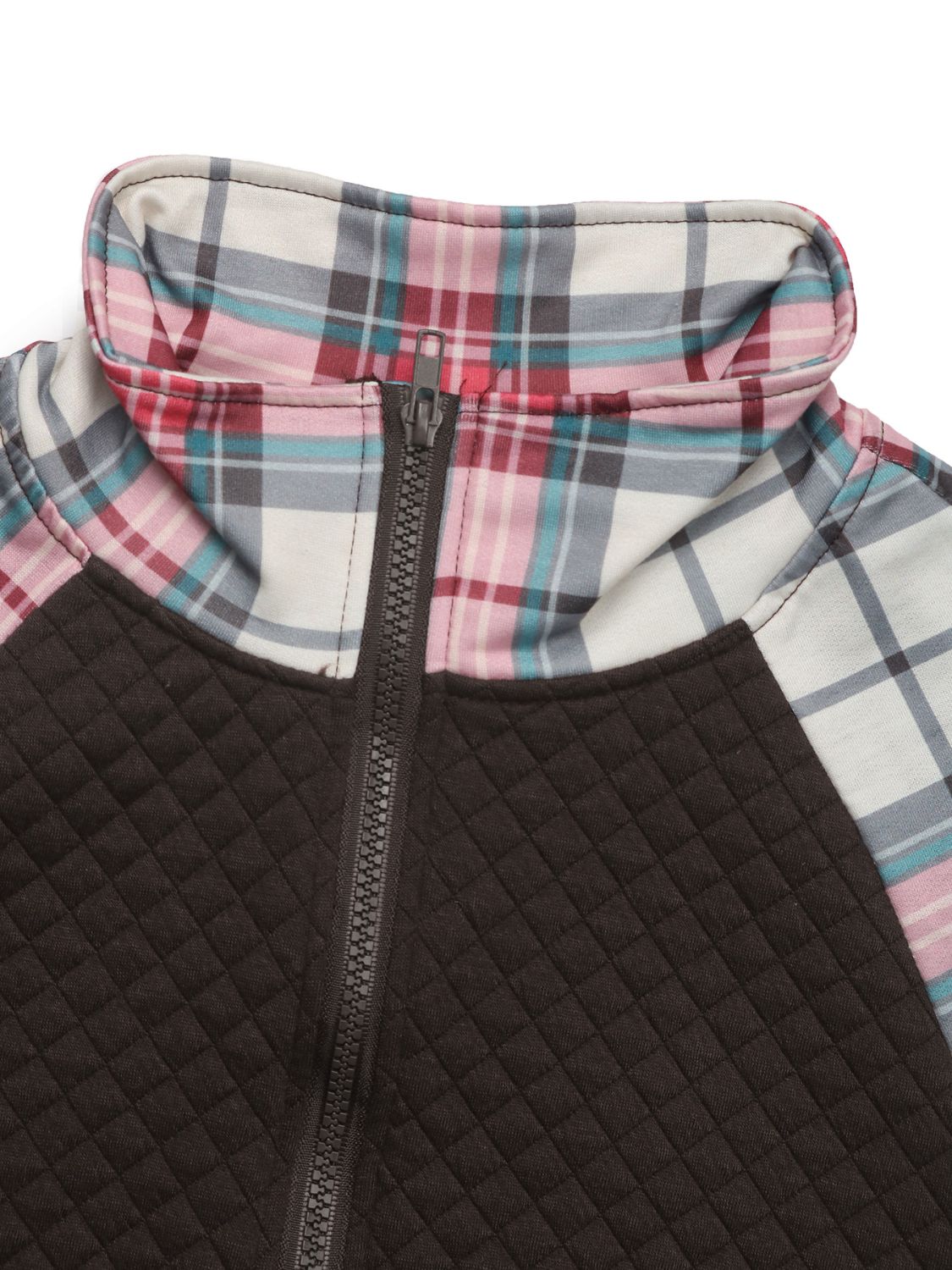 Quilted Plaid Half Zip Pullover Sweatshirt