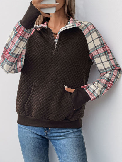 Quilted Plaid Half Zip Pullover Sweatshirt