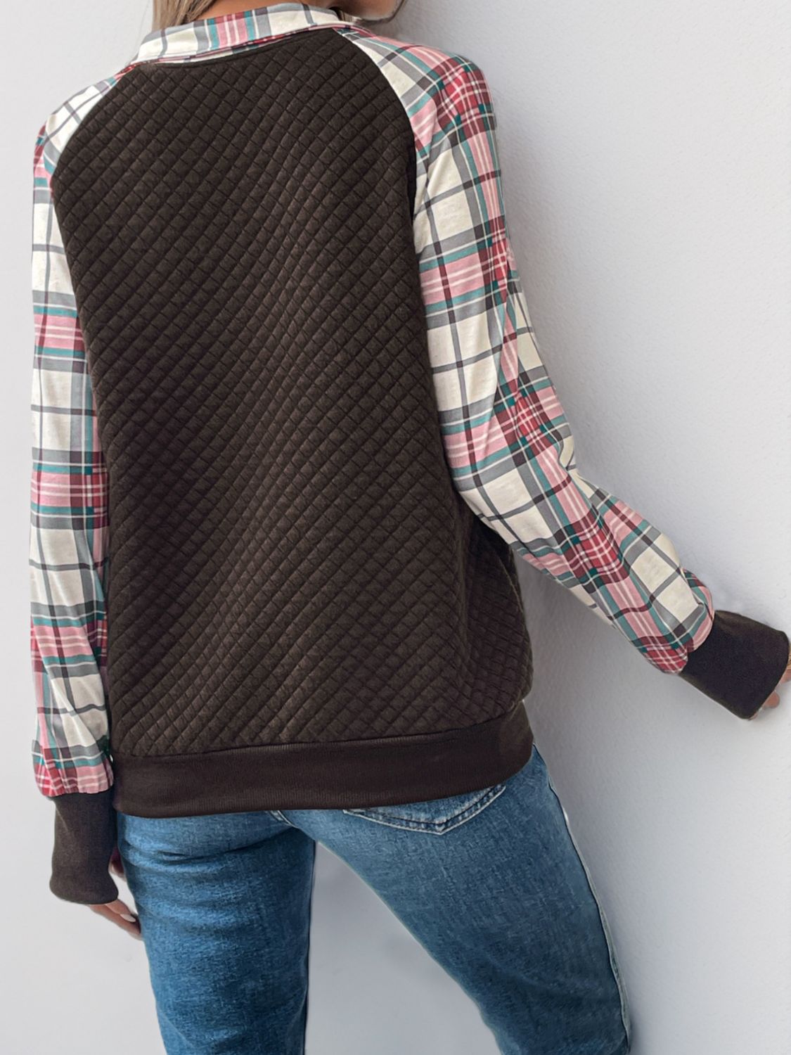 Quilted Plaid Half Zip Pullover Sweatshirt