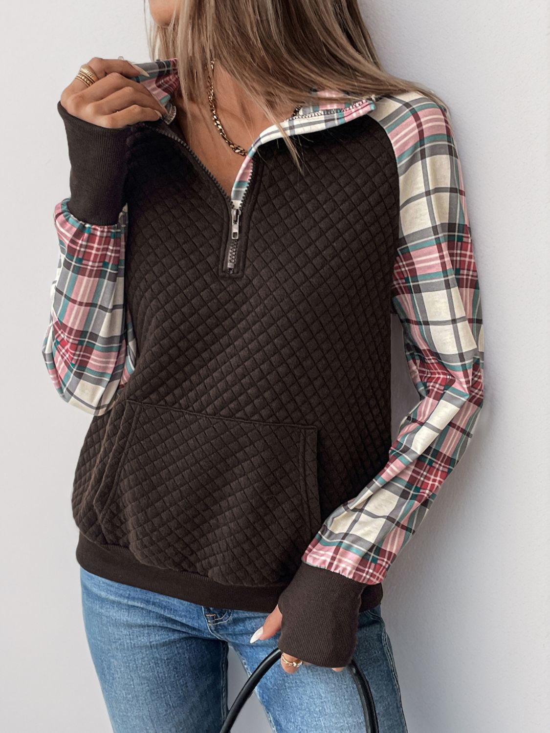 Quilted Plaid Half Zip Pullover Sweatshirt