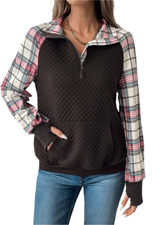 Quilted Plaid Half Zip Pullover Sweatshirt