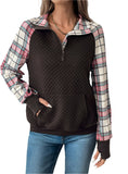 Quilted Plaid Half Zip Pullover Sweatshirt