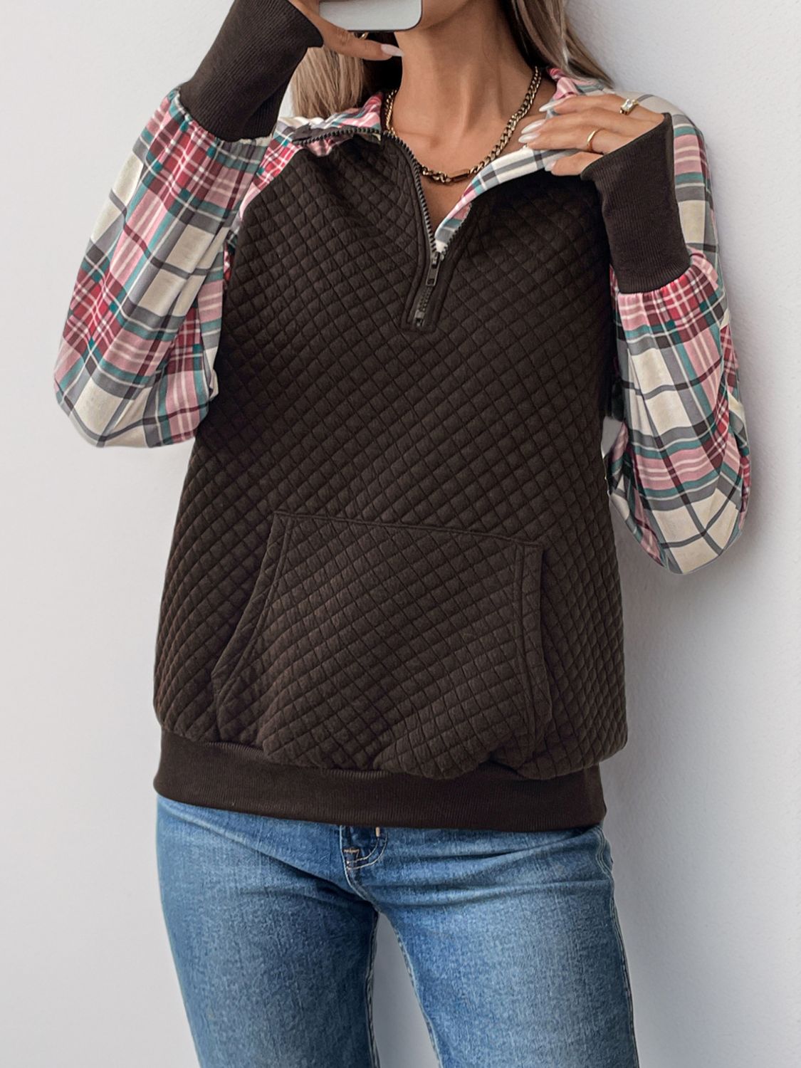 Quilted Plaid Half Zip Pullover Sweatshirt