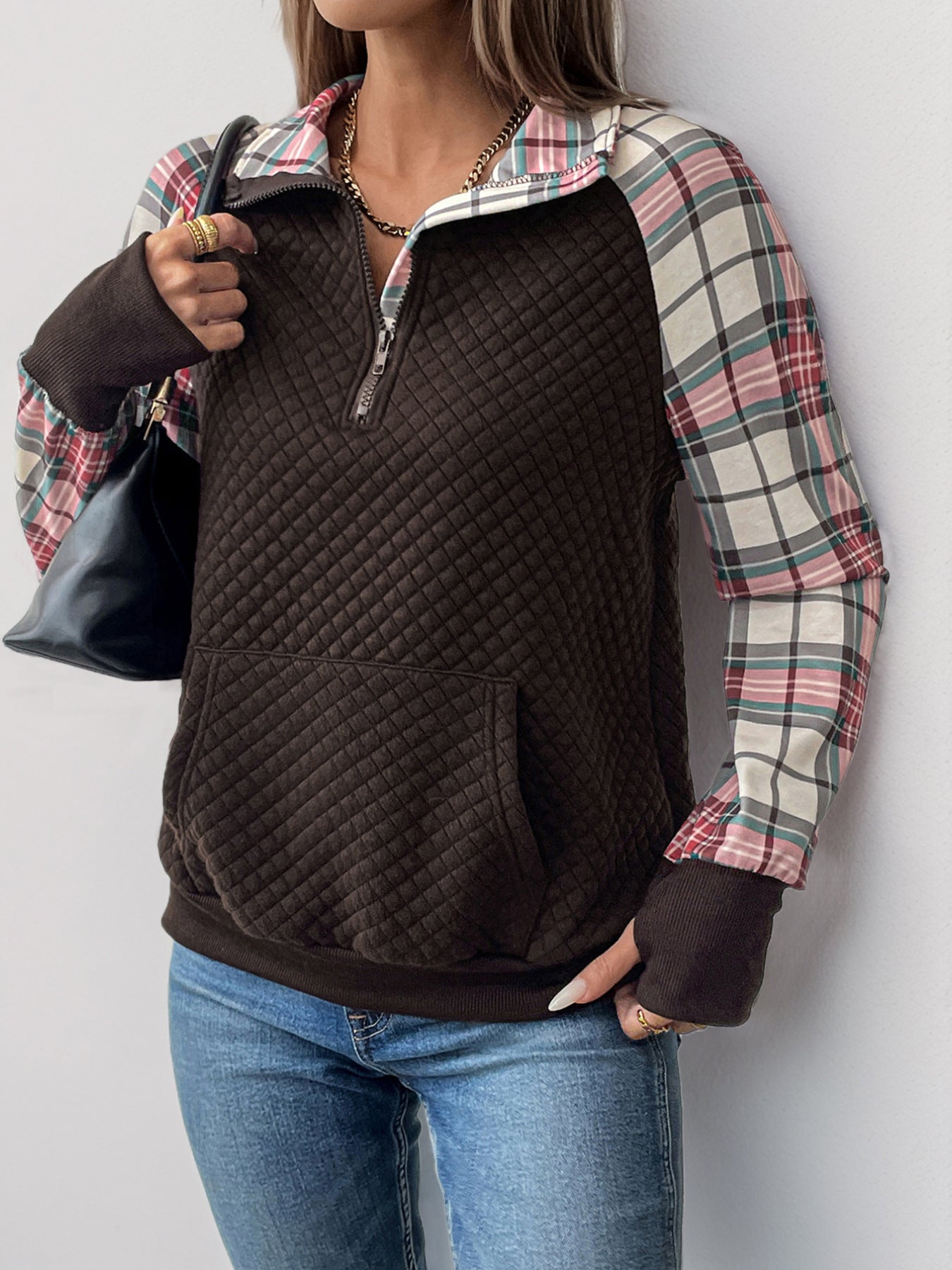 Quilted Plaid Half Zip Pullover Sweatshirt