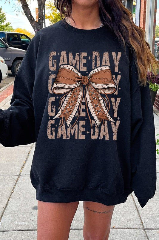 Game Day Football Bow Graphic Fleece Sweatshirts - Whimsical Appalachian Boutique