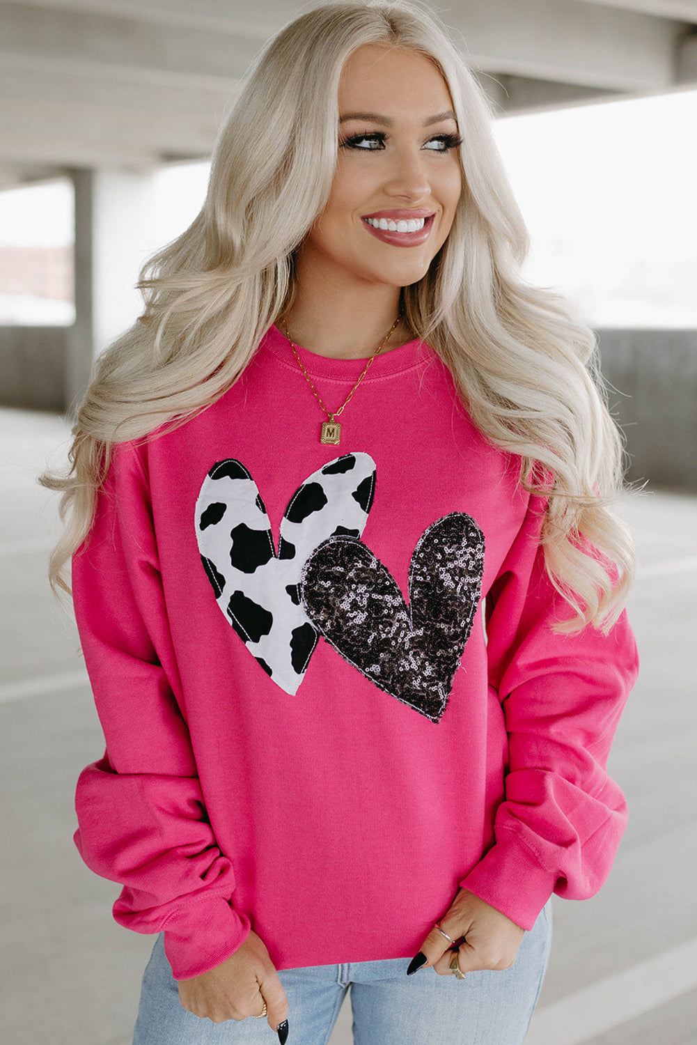 Cow & Sequin Double Heart Patch Graphic Sweatshirt