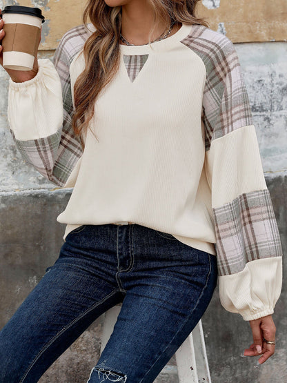 Plaid Sleeve Pullover with V-Cutout