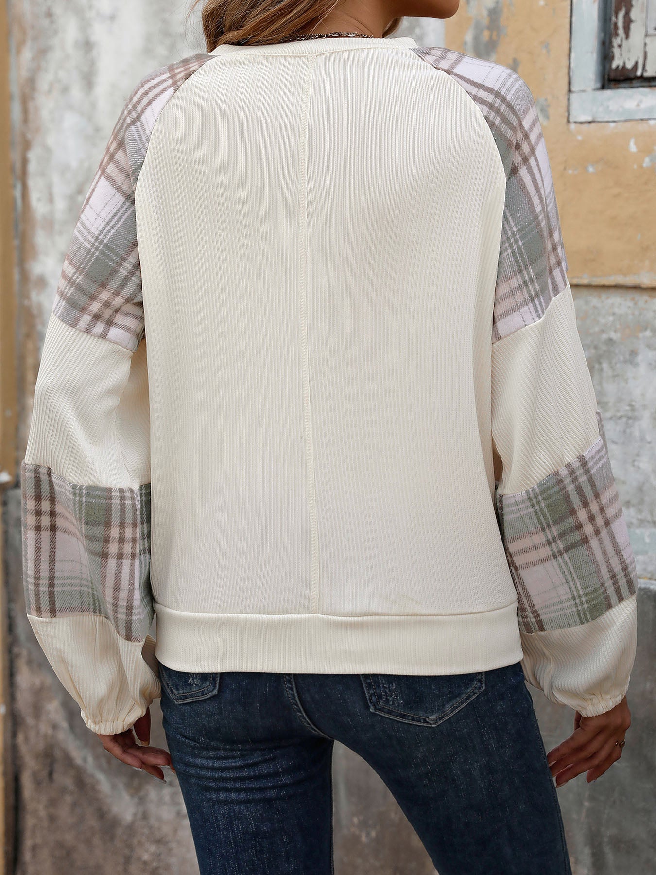 Plaid Sleeve Pullover with V-Cutout