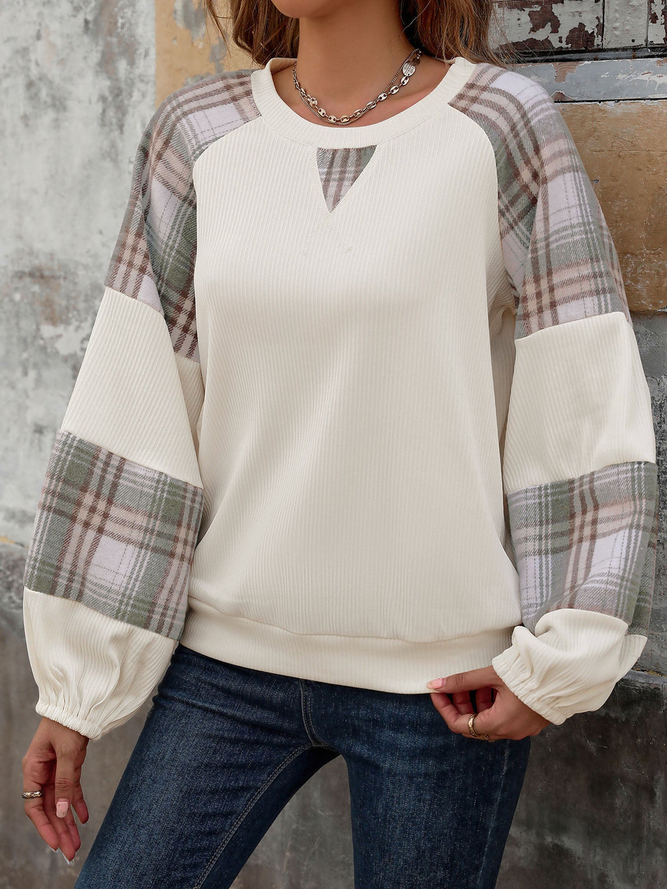 Plaid Sleeve Pullover with V-Cutout