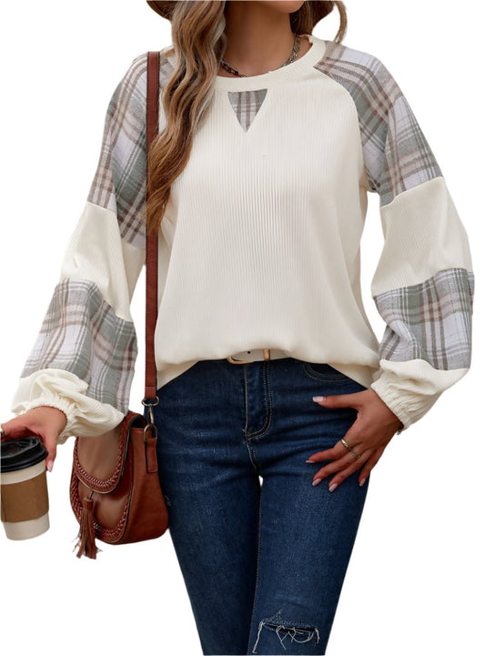 Plaid Sleeve Pullover with V-Cutout