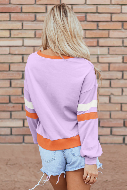 Ribbed Knit V-Neck Patchwork Sweatshirt