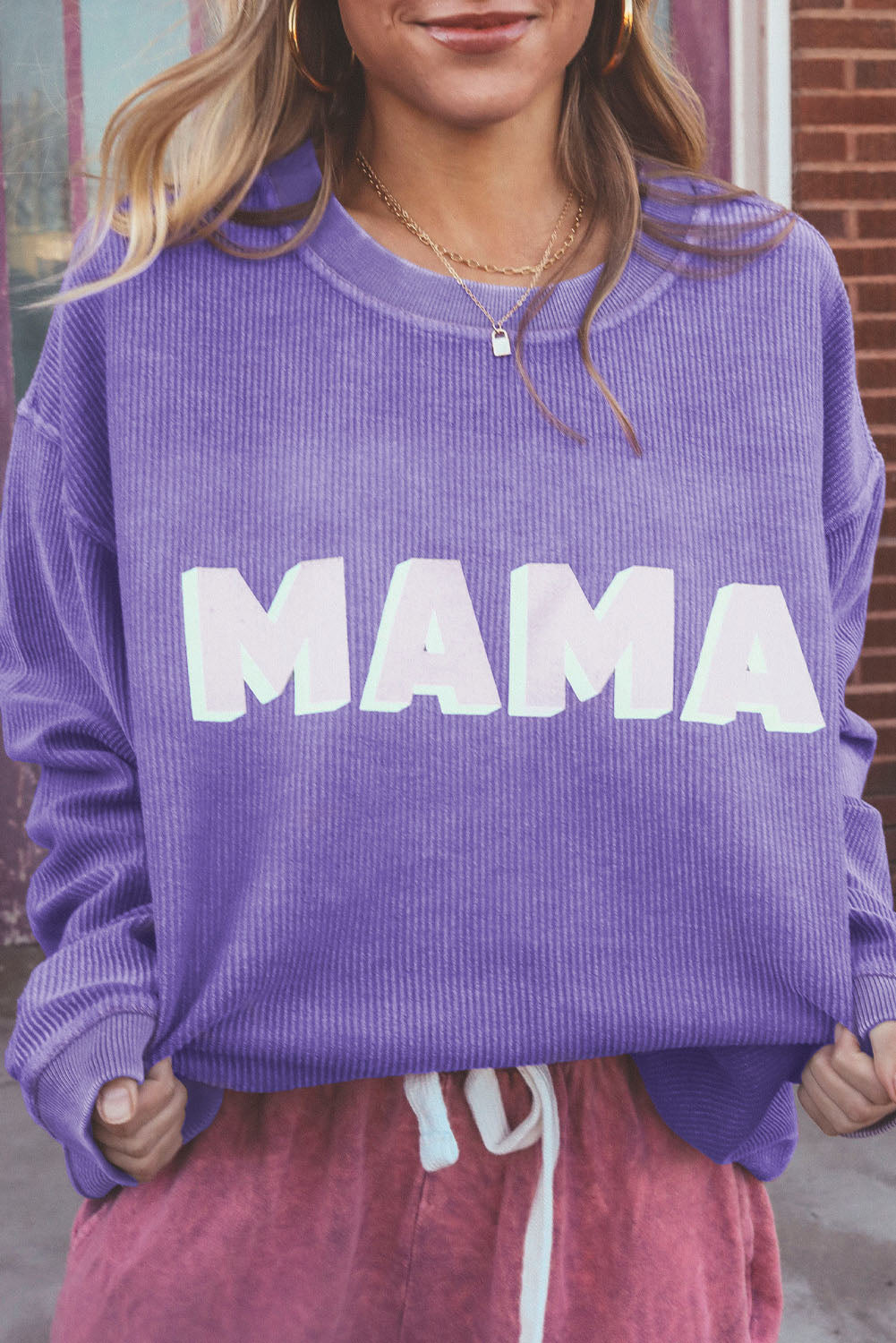 Purple MAMA Ribbed Crewneck Pullover Sweatshirt