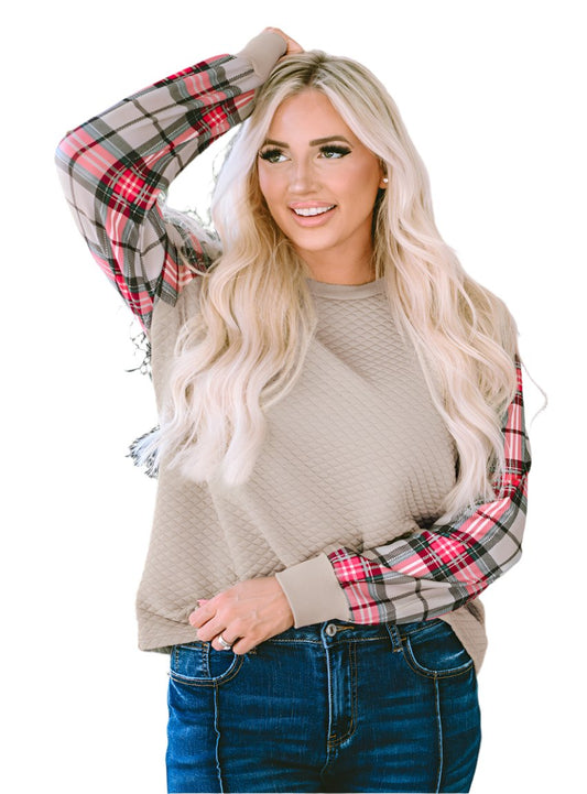 Trendy Plaid Sweatshirt with Quilted Body