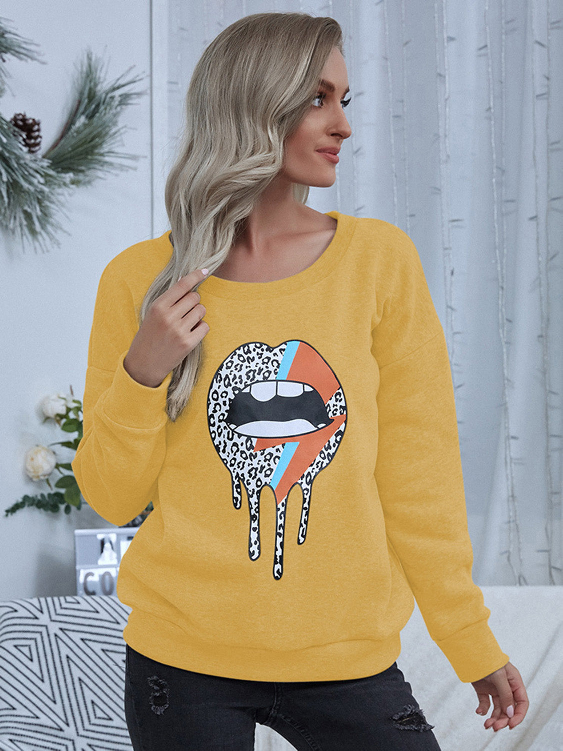 Leopard Lips Lightning Bolt Print Pullover Sweatshirt - Whimsical Appalachian Boutique