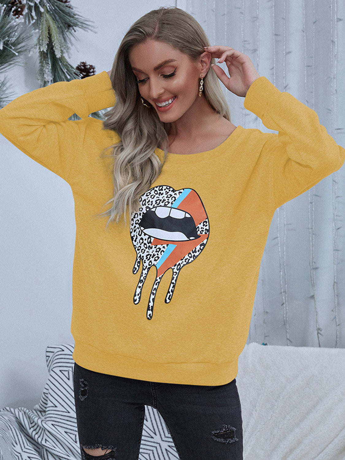 Leopard Lips Lightning Bolt Print Pullover Sweatshirt - Whimsical Appalachian Boutique