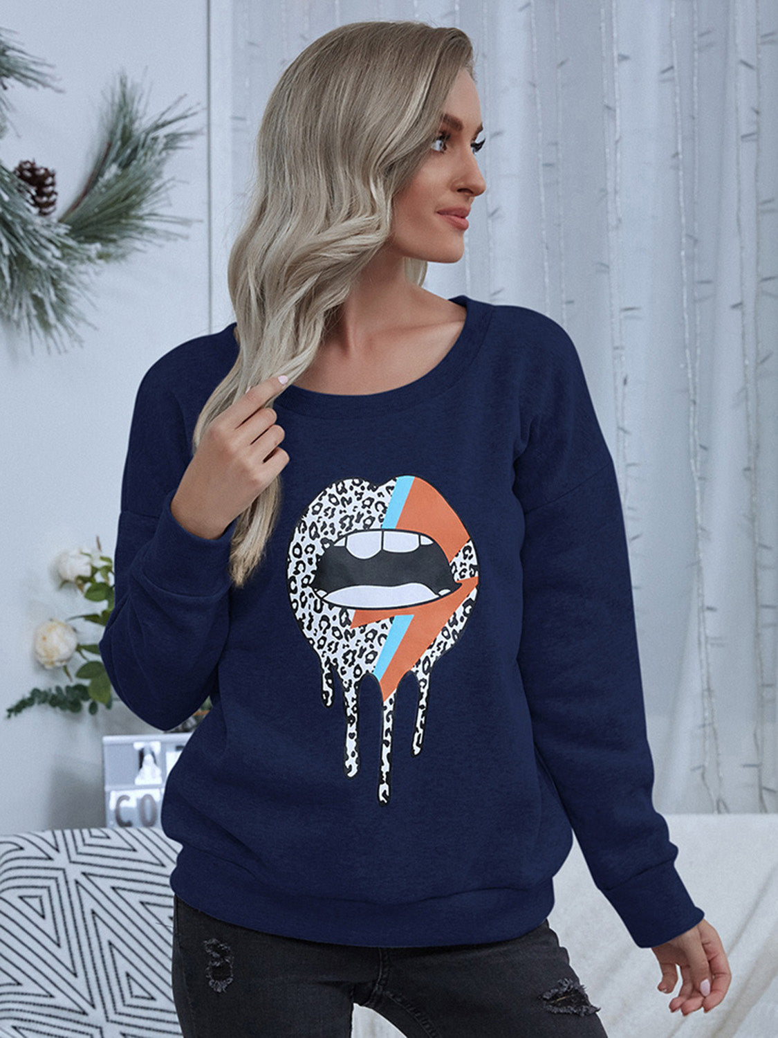 Leopard Lips Lightning Bolt Print Pullover Sweatshirt - Whimsical Appalachian Boutique