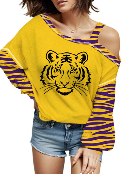 Tiger Graphic Asymmetrical Neck Lightweight Sweatshirt - Whimsical Appalachian Boutique