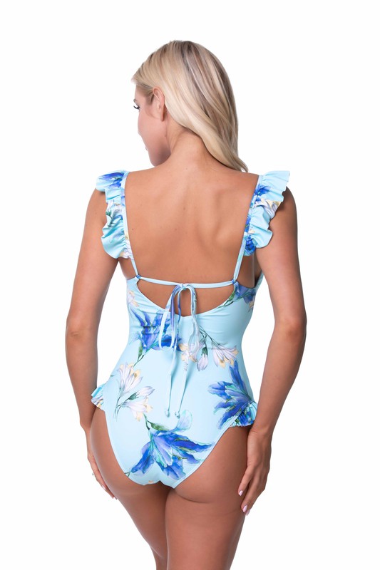 Blue Floral Ruffle Trim One Piece Swimsuit