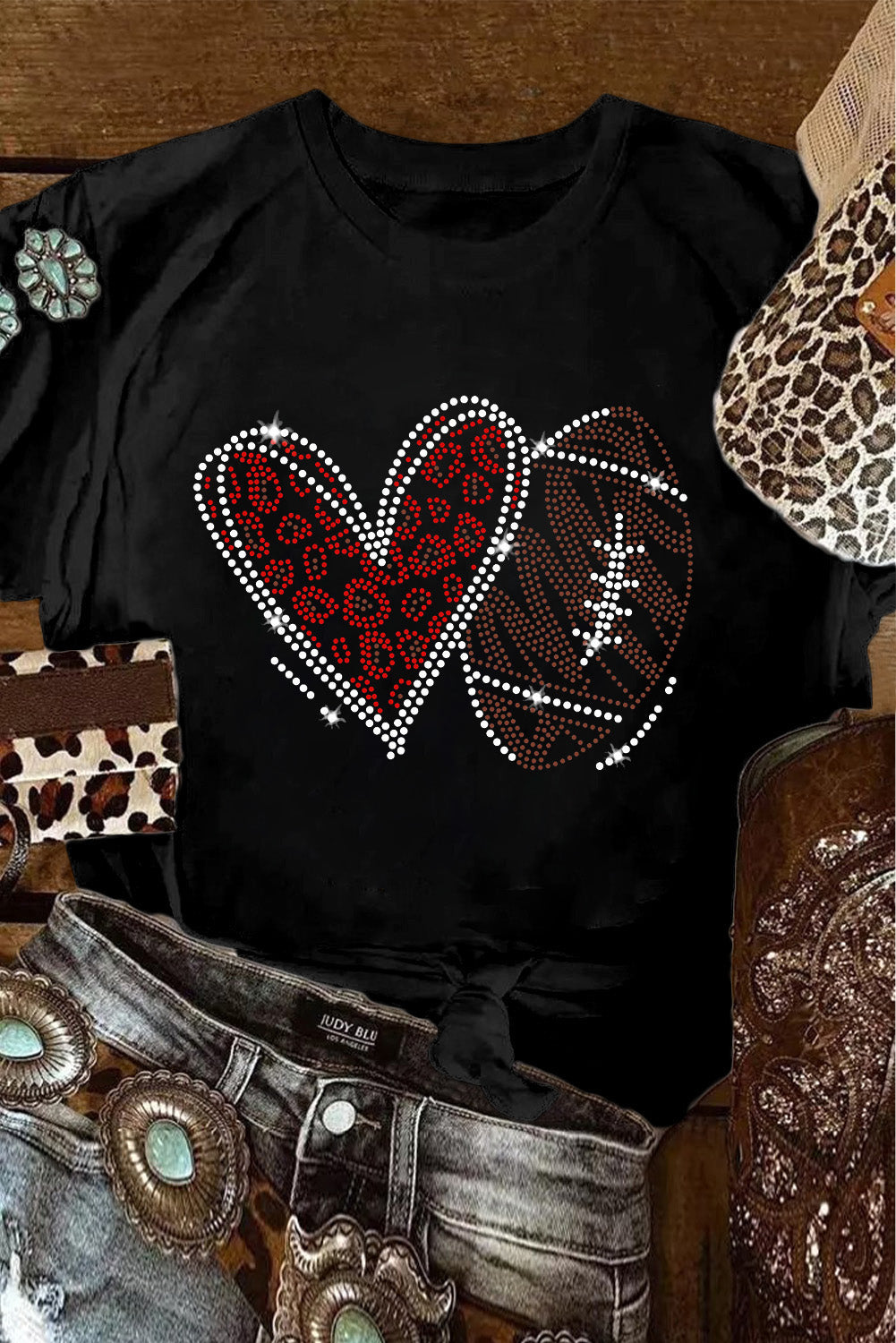 Black Rhinestone Football Graphic T-Shirt