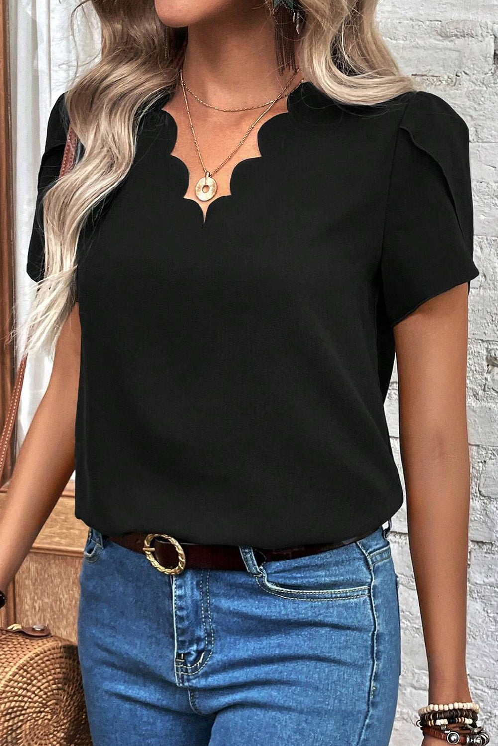 Scalloped Trim V-Neck T-Shirt - Whimsical Appalachian Boutique