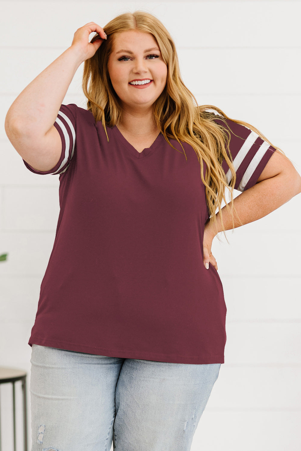 Plus Size Striped V-Neck Tee Shirt - Whimsical Appalachian Boutique