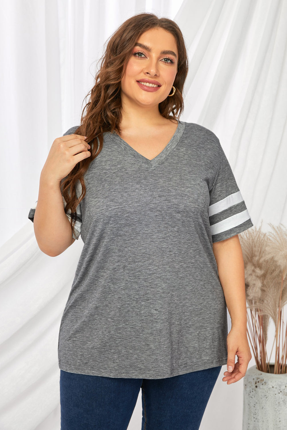 Plus Size Striped V-Neck Tee Shirt - Whimsical Appalachian Boutique