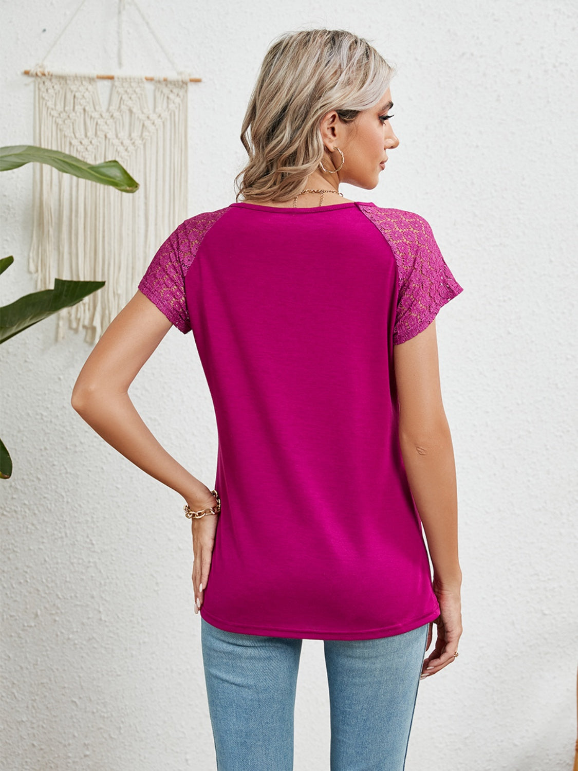 Lace Detail Round Neck Short Sleeve T-Shirt - Whimsical Appalachian Boutique