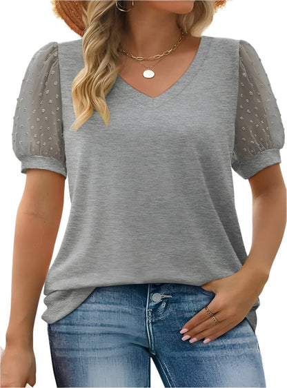 Swiss Dot Puff Sleeve V-Neck Tee - Whimsical Appalachian Boutique