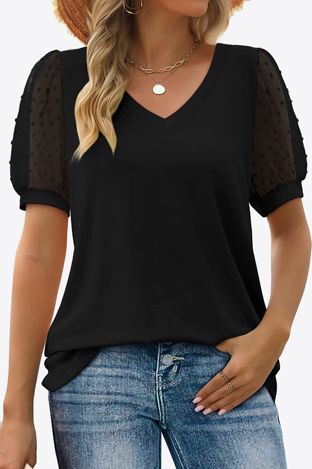 Swiss Dot Puff Sleeve V-Neck Tee - Whimsical Appalachian Boutique